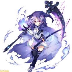 Rule 34 | 1girl, blue fire, chain, cloak, d-pad, d-pad hair ornament, electricity, fire, fire, fusion, gauntlets, gloves, hair ornament, hiro (spectral force), hirotune, hood, idea factory, katana, mega miracle force, neptune (neptunia), neptune (series), official art, purple hair, red eyes, shoes, skirt, skull, smile, sneakers, spectral (series), spectral force, sword, thighhighs, weapon, zettai ryouiki