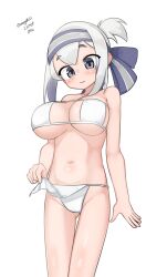 Rule 34 | 1girl, absurdres, bikini, blue eyes, breasts, eyepatch bikini, feet out of frame, folded ponytail, headband, highres, kamoi (kancolle), kantai collection, large breasts, looking at viewer, maru (marg0613), one-hour drawing challenge, pelvic curtain, sidelocks, smile, solo, swimsuit, white bikini, white hair