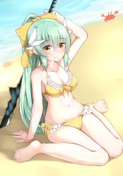 Rule 34 | 1girl, absurdres, arm up, bare shoulders, bikini, blush, breasts, cleavage, fate/grand order, fate (series), green hair, hair ribbon, highres, kiyohime (fate), kiyohime (fate/grand order), kiyohime (swimsuit lancer) (fate), kiyohime (swimsuit lancer) (first ascension) (fate), long hair, looking at viewer, moyoron, navel, ponytail, ribbon, sitting, smile, solo, swimsuit, yellow eyes