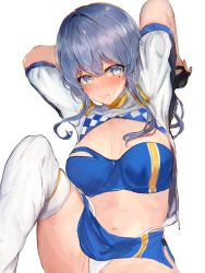 Rule 34 | 1girl, bandeau, black gloves, blue bandeau, blue eyes, blue hair, blue skirt, breasts, cleavage, commentary request, cropped jacket, gloves, gotland (kancolle), highleg, highleg panties, highres, jacket, kantai collection, large breasts, long hair, looking at viewer, midriff, mini person, minigirl, miyako (rgrayt), mole, mole under eye, panties, ponytail, race queen, shrug (clothing), simple background, skirt, solo, underwear, white background, white jacket, white panties