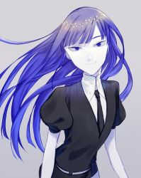Rule 34 | 1other, androgynous, blue eyes, blue hair, colored eyelashes, colored skin, crystal hair, gem uniform (houseki no kuni), grey background, highres, hime cut, houseki no kuni, lapis lazuli (houseki no kuni), long hair, looking at viewer, ne (stardoll999), necktie, smile, solo, upper body, white skin
