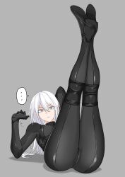 ... 1girl absurdres ass bodysuit breasts fuku_(fuku12290574) grey_eyes highres legs_up long_hair looking_at_viewer lying medium_breasts military on_back original solo spoken_ellipsis white_hair