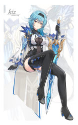 Rule 34 | 1girl, absurdres, artist name, asymmetrical hair, blue hair, bodysuit, boots, breasts, closed mouth, dated, detached sleeves, eula (genshin impact), full body, genshin impact, hair ornament, hairband, high heels, highres, holding, holding sword, holding weapon, kiz mk, looking at viewer, medium breasts, medium hair, necktie, planted, planted sword, planted weapon, sitting, solo, sword, thigh boots, thighhighs, thighs, weapon, yellow eyes