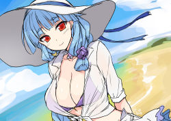 Rule 34 | 1girl, alternate hairstyle, aqua hair, arms behind back, beach, bikini, bikini under clothes, blue sky, braid, breasts, choker, cleavage, cloud, collarbone, commentary request, day, earrings, flower, hair flower, hair ornament, hat, jewelry, kyoma (yellowxcake), large breasts, long hair, looking at viewer, moon (ornament), ocean, outdoors, purple bikini, purple flower, red eyes, ring dream, see-through, shirt, skindentation, sky, smile, solo, standing, swimsuit, tied shirt, water, white hat, yuki onna (ring dream)