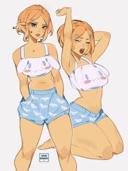 Rule 34 | 1girl, animal print, armpits, barefoot, blonde hair, blue eyes, blue shorts, braid, character print, cinnamoroll, collarbone, commentary, contemporary, crop top, dog print, english commentary, french braid, hair ornament, hairclip, hands in pockets, highres, kamii momoru, kneeling, lips, looking at viewer, midriff, navel, nintendo, pajamas, parted bangs, pointy ears, princess zelda, print shorts, sanrio, short hair, shorts, solo, stretching, the legend of zelda, the legend of zelda: breath of the wild, the legend of zelda: tears of the kingdom, thighs, yawning