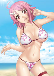 Rule 34 | 10s, 1girl, ahoge, beach, bikini, breasts, cloud, day, floral print, freckles, hair ornament, hairpin, large breasts, lens flare, light rays, lisbeth (sao), navel, o-ring, o-ring top, open mouth, outdoors, pink hair, print bikini, red eyes, shiny skin, short hair, skindentation, sky, solo, sunbeam, sunlight, swimsuit, sword art online, thigh strap, uninigumi