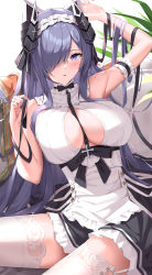 Rule 34 | 1girl, absurdres, arm garter, arm up, armpits, august von parseval (azur lane), august von parseval (the conquered unhulde) (azur lane), azur lane, bare shoulders, between breasts, black ribbon, breasts, cleavage, cleavage cutout, clothing cutout, dress, garter straps, grey hair, hair over one eye, hand up, headdress, highres, horns, kyonta, large breasts, long hair, looking at viewer, official alternate costume, parted lips, purple eyes, ribbon, sleeveless, sleeveless dress, solo, thighhighs, very long hair, white dress, white thighhighs, zettai ryouiki