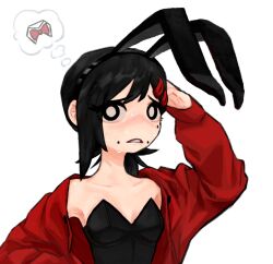 Rule 34 | 1girl, absurdres, animal ears, arm up, black hair, black leotard, bow, bowtie, breasts, chainsaw man, detached collar, fake animal ears, gurumo (twitter), hair ornament, hairclip, hand to head, higashiyama kobeni, highres, jacket, leotard, looking at viewer, mole, mole under eye, mole under mouth, playboy bunny, rabbit ears, red bow, red bowtie, red jacket, short ponytail, simple background, single sidelock, small breasts, solo, strapless, strapless leotard, sweat, thought bubble, white background