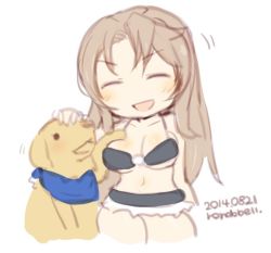 Rule 34 | 10s, 1girl, blush, breasts, brown hair, dated, dog, closed eyes, idolmaster, idolmaster cinderella girls, large breasts, long hair, matsumoto sarina, navel, open mouth, rondo bell, signature, solo, white background
