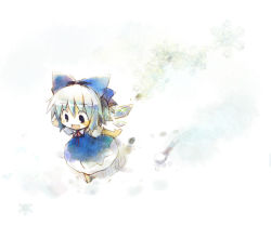 Rule 34 | 1girl, :d, blue hair, bow, chibi, cirno, dorua (dollar), dress, embodiment of scarlet devil, hair bow, ice, ice wings, open mouth, outstretched arms, smile, snow, solo, spread arms, touhou, white background, wings