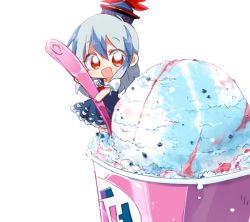 Rule 34 | 1girl, 6 (yuchae), :d, baskin-robbins, blush, chibi, dress, food, hat, ice cream, kamishirasawa keine, looking at viewer, mini person, minigirl, open mouth, red eyes, silver hair, simple background, smile, solo, spoon, touhou