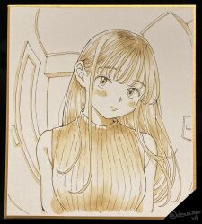 Rule 34 | 1girl, breasts, closed mouth, commentary request, delivery chinko wo tanomitai onee-san, denbu momo, eyebrows hidden by hair, fisheye, greyscale, highres, looking at viewer, marker (medium), medium breasts, monochrome, original, photo (medium), ribbed sweater, sepia, shikishi, sleeveless, sleeveless sweater, solo, sweater, traditional media, twitter username