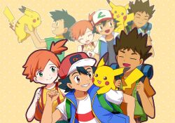 Rule 34 | 1girl, 2boys, amai-tapioca, ash ketchum, asymmetrical hair, blush, brock (pokemon), creatures (company), denim, denim shorts, game freak, gen 1 pokemon, green eyes, gym leader, hair tie, legs, misty (pokemon), multiple boys, nintendo, orange hair, pikachu, pokemon, pokemon (anime), pokemon (classic anime), pokemon ep001, pokemon journeys, ponytail, shirt, short hair, shorts, side ponytail, smile, solo, suspenders, tank top, yellow shirt