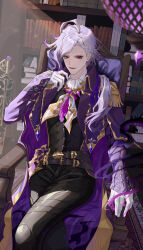Rule 34 | 1boy, absurdres, belt, black fire, black gloves, brooch, cape, collared cape, cross-shaped pupils, crossed legs, edmond dantes (fate), epaulettes, fate/grand order, fate (series), fire, gloves, gradient hair, grey hair, highres, jewelry, long hair, looking at viewer, male focus, multicolored hair, purple cape, purple fire, purple hair, red eyes, sitting, solo, symbol-shaped pupils, the count of monte cristo (fate), user azze4543, wavy hair