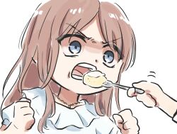 Rule 34 | 2girls, angry, bang dream!, bang dream! it&#039;s mygo!!!!!, blue eyes, brown hair, cake, chihaya anon, clenched hands, commentary request, food, fork, holding, holding fork, jewelry, long hair, lyy, multiple girls, nagasaki soyo, necklace, open mouth, puffy short sleeves, puffy sleeves, shirt, short sleeves, sidelocks, simple background, solo, teeth, upper body, white background, white shirt