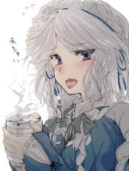Rule 34 | 1girl, alternate eye color, blush, bow, braid, burnt tongue, coffee, colorized, cup, drink, face, frills, geppewi, hair bow, hair ornament, headdress, highres, hot, izayoi sakuya, long sleeves, looking at viewer, maid headdress, open mouth, purple eyes, ribbon, short hair, silver hair, simple background, sketch, solo, steam, tears, text focus, tongue, tongue out, touhou, twin braids, white background