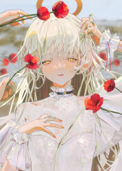 Rule 34 | 1girl, absurdres, angel, blurry, blurry background, choker, claw ring, disembodied limb, dress, flower, frilled choker, frilled sleeves, frills, halo, hand in own hair, hand on own chest, hand on own head, hand up, highres, jewelry, long hair, looking at viewer, nail polish, original, parai0, parted lips, ring, see-through, see-through dress, short sleeves, solo focus, straight-on, white hair, wrist cuffs, yellow eyes