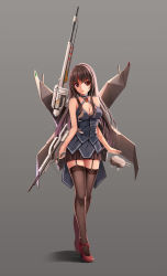 Rule 34 | 1girl, breasts, brown hair, cleavage, fishnet thighhighs, fishnets, ftl: faster than light, garter straps, gradient background, high heels, highres, long hair, mecha musume, nesasio, personification, red eyes, skirt, smile, solo, standing, thighhighs, wings, yumemi (kiowa)