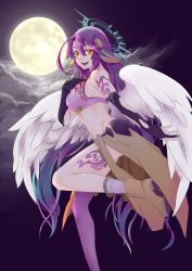 Rule 34 | 1girl, angel wings, artist request, asymmetrical legwear, breasts, bridal gauntlets, cloud, commentary request, spiked halo, crop top, feathered wings, gloves, gradient eyes, gradient hair, halo, highres, jibril (no game no life), large breasts, long hair, looking at viewer, low wings, magic circle, midriff, mismatched legwear, moon, multicolored eyes, multicolored hair, navel, night, no game no life, open mouth, orange eyes, pink hair, sideboob, smile, solo, tattoo, very long hair, white wings, wing ears, wings, yellow eyes