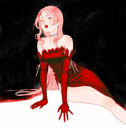 Rule 34 | 1girl, arm support, armlet, bare shoulders, black background, blue eyes, breasts, collarbone, dress, earrings, elbow gloves, fangs, feet out of frame, frilled dress, frills, gloves, heterochromia, invisible chair, jewelry, leaning to the side, long hair, looking to the side, music, necklace, open mouth, original, pink hair, red dress, red gloves, red theme, renemesia, singing, sitting, solo, strapless, strapless dress, very long hair, yellow eyes