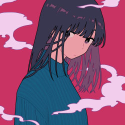 Rule 34 | 1girl, black hair, blue shirt, bright pupils, expressionless, highres, long hair, looking at viewer, original, pink background, purple eyes, shi oo, shirt, simple background, smoke, solo, upper body, white pupils