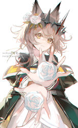 Rule 34 | 1girl, absurdres, animal ear fluff, animal ears, arknights, black jacket, brown hair, cat ears, cat girl, flower, frown, hair flower, hair ornament, head tilt, highres, holding, holding flower, ikag, jacket, long hair, looking at viewer, messy hair, off shoulder, open clothes, open jacket, outstretched hand, shirt, simple background, solo, tiara, twitter username, upper body, vendela (arknights), weibo watermark, white background, white flower, white shirt, yellow eyes