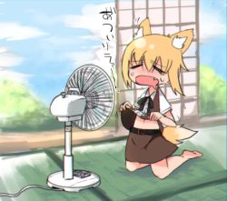 Rule 34 | 1girl, animal ear fluff, animal ears, barefoot, belt, black belt, black bow, black bowtie, blonde hair, blouse, blue sky, blush, bow, bowtie, brown shirt, brown skirt, center frills, closed eyes, clothes lift, cloud, collared shirt, commentary request, cookie (touhou), day, electric fan, fang, fox ears, fox girl, fox tail, frills, full body, hair between eyes, hot, indoors, kneeling, lifted by self, miramikaru riran, open mouth, shimosuke, shirt, shirt lift, short hair, shouji, skirt, sky, sliding doors, solo, tail, translation request, white shirt