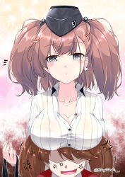 Rule 34 | 2girls, anger vein, atlanta (kancolle), black headwear, breast envy, breast rest, breasts, breasts on head, brown hair, dress shirt, earrings, garrison cap, grey eyes, hat, jewelry, kantai collection, large breasts, long hair, mikage takashi, multiple girls, ryuujou (kancolle), shirt, signature, star (symbol), star earrings, twintails, twitter username, two side up, visor cap, white shirt