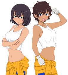 Rule 34 | &gt;:), 2girls, :d, back-to-back, bare shoulders, black hair, blue eyes, blush, breasts, clenched hands, collarbone, commentary request, cowboy shot, crop top, crossed arms, dark-skinned female, dark skin, from side, furrowed brow, girls und panzer, gloves, green eyes, groin, hair between eyes, hand up, happy, hoshino (girls und panzer), jumpsuit, jumpsuit pull, looking at viewer, medium breasts, messy hair, midriff, multiple girls, navel, open mouth, orange jumpsuit, parted bangs, raised fist, redrawn, shadow, short hair, sideboob, simple background, smile, standing, suzuki (girls und panzer), tan, tanaka rikimaru, tank top, tied sleeves, v-shaped eyebrows, white background, white gloves, white tank top