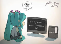 Rule 34 | 1girl, aqua hair, chibi, eu03, game console, hatsune miku, playstation 3, solo, spoken squiggle, squiggle, television, truth, twintails, vocaloid