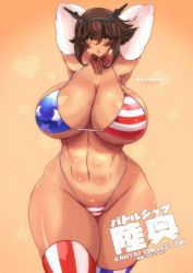 Rule 34 | 1girl, american flag bikini, armpits, arms behind head, arms up, bikini, breasts, brown hair, cleavage, curvy, flag print, green eyes, highres, huge breasts, kantai collection, looking at viewer, mutsu (kancolle), notauchi mawaru ni-shiki, solo, swimsuit, thick thighs, thighhighs, thighs, wide hips
