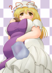 Rule 34 | 1girl, ?, bad id, bad pixiv id, bag, belly, blonde hair, breasts, checkered background, cleavage, cookie, dress, fat, food, food on face, from below, hat, hat ribbon, image sample, kurokaze no sora, large breasts, long hair, looking at viewer, md5 mismatch, mob cap, open mouth, pixiv sample, ribbon, short sleeves, solo, tabard, thick arms, touhou, yakumo yukari, yellow eyes