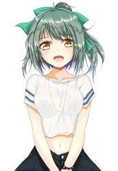 Rule 34 | 10s, 1girl, :d, alternate costume, bad id, bad pixiv id, casual, green hair, hair ribbon, highres, kantai collection, open mouth, own hands together, ponytail, ribbon, rudo (rudorudo0917), see-through, shirt, simple background, smile, solo, t-shirt, white background, white shirt, yuubari (kancolle)