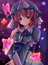 Rule 34 | 1girl, blush, breasts, bug, butterfly, doburoku (daiginjou), female focus, gradient background, hat, insect, japanese clothes, light smile, petals, pink hair, red eyes, saigyouji yuyuko, short hair, solo, touhou