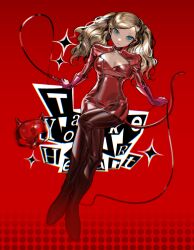 Rule 34 | 1girl, absurdres, blonde hair, blue eyes, bodysuit, boots, breasts, cleavage, closed mouth, crossed legs, dominatrix, earrings, english text, expressionless, gloves, highres, holding, holding whip, jewelry, long hair, looking at viewer, mask, medium breasts, persona, persona 5, pink gloves, pkunooo, red background, red bodysuit, solo, sparkle, stud earrings, takamaki anne, thigh boots, thighhighs, twintails, whip