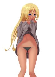 Rule 34 | 1girl, bare legs, black panties, blonde hair, blue eyes, blush, clothes lift, facial mark, forehead mark, groin, highres, long hair, minimalistic, nail polish, navel, no lineart, no outlines, original, panties, shirt lift, simple background, solo, tagme, tan, underwear, very long hair, white background, yoye (pastel white)