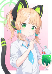 Rule 34 | 1girl, animal ear headphones, animal ears, blonde hair, blue archive, blue bow, blue necktie, blunt bangs, blush, bow, cat ear headphones, cat tail, closed mouth, collared shirt, commentary, cup, expressionless, fake animal ears, flat chest, food, green eyes, green halo, hair bow, halo, headphones, high ponytail, highres, holding, holding cup, holding spoon, ice cream, ice cream float, jakomurashi, looking at viewer, medium bangs, midori (blue archive), necktie, pink background, ponytail, shirt, short hair, sleeves rolled up, solo, spoon, tail, upper body, white shirt