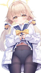 Rule 34 | 1girl, blue archive, blue sailor collar, blue skirt, blush, bow, bow panties, brown eyes, cardigan, closed mouth, clothes lift, hair between eyes, halo, hifumi (blue archive), highres, lifting own clothes, light brown hair, long hair, looking at viewer, low twintails, off shoulder, open cardigan, open clothes, panties, panties under pantyhose, pantyhose, pleated skirt, sailor collar, satsuki yukimi, school uniform, serafuku, shirt, simple background, skirt, skirt lift, solo, standing, thighband pantyhose, twintails, underwear, very long hair, white background, white cardigan, white panties, white shirt, yellow bow