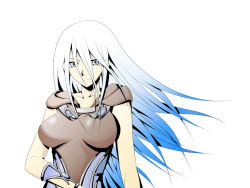 Rule 34 | 1girl, blue eyes, breasts, breasts apart, dress, duel monster, grimro, large breasts, long hair, looking at viewer, maiden with eyes of blue, no bra, silver hair, smile, solo, very long hair, yu-gi-oh!
