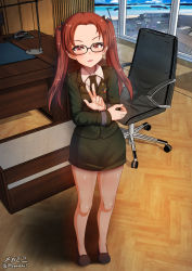Rule 34 | 1girl, black pantyhose, blush, bow, breasts, brown eyes, brown hair, full body, girls und panzer, glasses, green skirt, hair bow, highres, indoors, kadotani anzu, long hair, looking at viewer, megadeko, military, military uniform, miniskirt, open mouth, pantyhose, skirt, small breasts, smile, solo, twintails, uniform, w, window