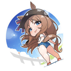 Rule 34 | 1girl, animal ears, ass, black bra, black hat, blue eyes, blue shorts, blue sky, bra, bra strap, breasts, brown hair, candy, chibi, cloud, commentary, cropped shirt, day, ears through headwear, floating hair, food, from behind, full body, grass wonder (umamusume), hand on own hip, hat, highres, holding, holding candy, holding food, holding lollipop, horse ears, horse girl, horse tail, lens flare, lollipop, long hair, looking at viewer, looking back, outdoors, red footwear, round image, shirt, shorts, sky, small breasts, solo, standing, tail, thighs, tongue, tongue out, umamusume, underbutt, underwear, very long hair, warashi, white shirt