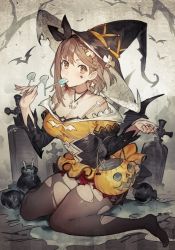Rule 34 | 1girl, atelier (series), atelier ryza, atelier ryza 2, bat (animal), black pantyhose, black ribbon, breasts, brown eyes, brown hair, candy, commentary request, cross, food, grave, hair ribbon, halloween, halloween costume, hanging scroll, hat, jack-o&#039;-lantern, jewelry, large breasts, long sleeves, looking at viewer, medium breasts, necklace, pantyhose, pumpkin, reisalin stout, ribbon, scroll, short hair, solo, thick thighs, thighs, tombstone, toridamono, torn clothes, torn pantyhose, witch hat