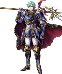 Rule 34 | 1boy, armor, armored boots, asatani tomoyo, blue armor, blue eyes, boots, cape, clenched hand, elbow pads, ephraim (fire emblem), fire emblem, fire emblem: the sacred stones, fire emblem heroes, full body, gauntlets, green hair, highres, holding, holding weapon, looking at viewer, male focus, nintendo, non-web source, official art, over shoulder, pants, polearm, short hair, shoulder armor, shoulder pads, smile, solo, spear, standing, transparent background, weapon, weapon over shoulder