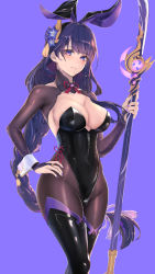 Rule 34 | 1girl, absurdres, animal ears, black leotard, black pantyhose, blush, braid, breasts, bridal gauntlets, cleavage, closed mouth, commentary request, fake animal ears, genshin impact, hand on own hip, highres, holding, holding polearm, holding weapon, large breasts, leotard, long hair, looking at viewer, makita (twosidegekilove), mole, mole under eye, nail polish, pantyhose, playboy bunny, polearm, purple background, purple eyes, purple hair, purple nails, rabbit ears, raiden shogun, shrug (clothing), simple background, solo, strapless, strapless leotard, thighhighs, weapon, wrist cuffs