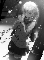 Rule 34 | 1girl, blush, breasts, closed mouth, coat, contemporary, duffel coat, fate/grand order, fate (series), greyscale, hair ribbon, highres, jacket, kama (fate), long hair, long sleeves, looking at viewer, medium breasts, monochrome, pleated skirt, ribbon, scarf, skirt, snowing, solo, standing, yamoge