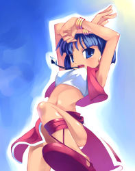 Rule 34 | 1990s (style), 1girl, ankle lace-up, armpits, arms up, bandeau, blue eyes, blue hair, cross-laced footwear, earrings, from below, fushigi no umi no nadia, jewelry, loincloth, matching hair/eyes, midriff, mikage sekizai, nadia la arwall, necklace, pelvic curtain, sandals, short hair, sky, smile, solo, strapless, sun, tube top, vest
