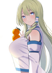 Rule 34 | 1girl, amisu, backlighting, bare shoulders, blue eyes, blush, breasts, closed mouth, detached sleeves, food, food on body, food on breasts, fruit, green hair, hair between eyes, hair ornament, highres, japanese clothes, kochiya sanae, large breasts, long hair, mandarin orange, nontraditional miko, simple background, smile, snake hair ornament, solo, touhou, upper body, white background, wide sleeves