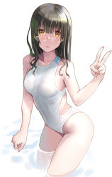 Rule 34 | 1girl, black hair, brown eyes, commentary request, competition swimsuit, glasses, katahira masashi, long hair, looking at viewer, medium hair, one-piece swimsuit, original, soaking feet, solo, standing, swimsuit, v, water, white one-piece swimsuit