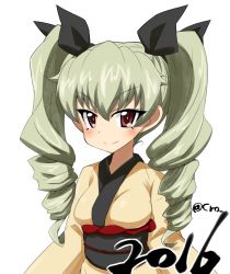 Rule 34 | 1girl, 2016, anchovy (girls und panzer), artist name, cro, dated, drill hair, girls und panzer, green hair, hair ribbon, japanese clothes, kimono, looking at viewer, obi, red eyes, ribbon, sash, solo, twintails, white background, yukata