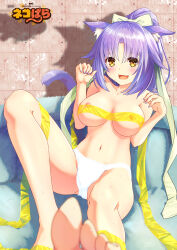 Rule 34 | 1girl, :3, :d, animal ear fluff, animal ears, areola slip, aroused, bare arms, bare shoulders, barefoot, blurry, blush, bow, breasts, breasts apart, cat ears, cat girl, cat tail, cinnamon (nekopara), collarbone, commentary request, copyright name, covered erect nipples, curvy, depth of field, drop shadow, eyes visible through hair, feet out of frame, female pervert, foreshortening, green bow, green ribbon, hair ribbon, hands up, highres, knee up, lace, lace-trimmed panties, lace trim, large breasts, leaning back, long hair, long ribbon, looking at viewer, nail polish, navel, nekopara, open mouth, outstretched leg, panties, parted bangs, pervert, ponytail, purple nails, raised eyebrows, raiz art works, ribbon, sitting, smile, solo, stomach, tail, tail raised, tareme, tile wall, tiles, toes, underwear, water drop, wet, wet hair, white panties, yellow eyes, yellow ribbon